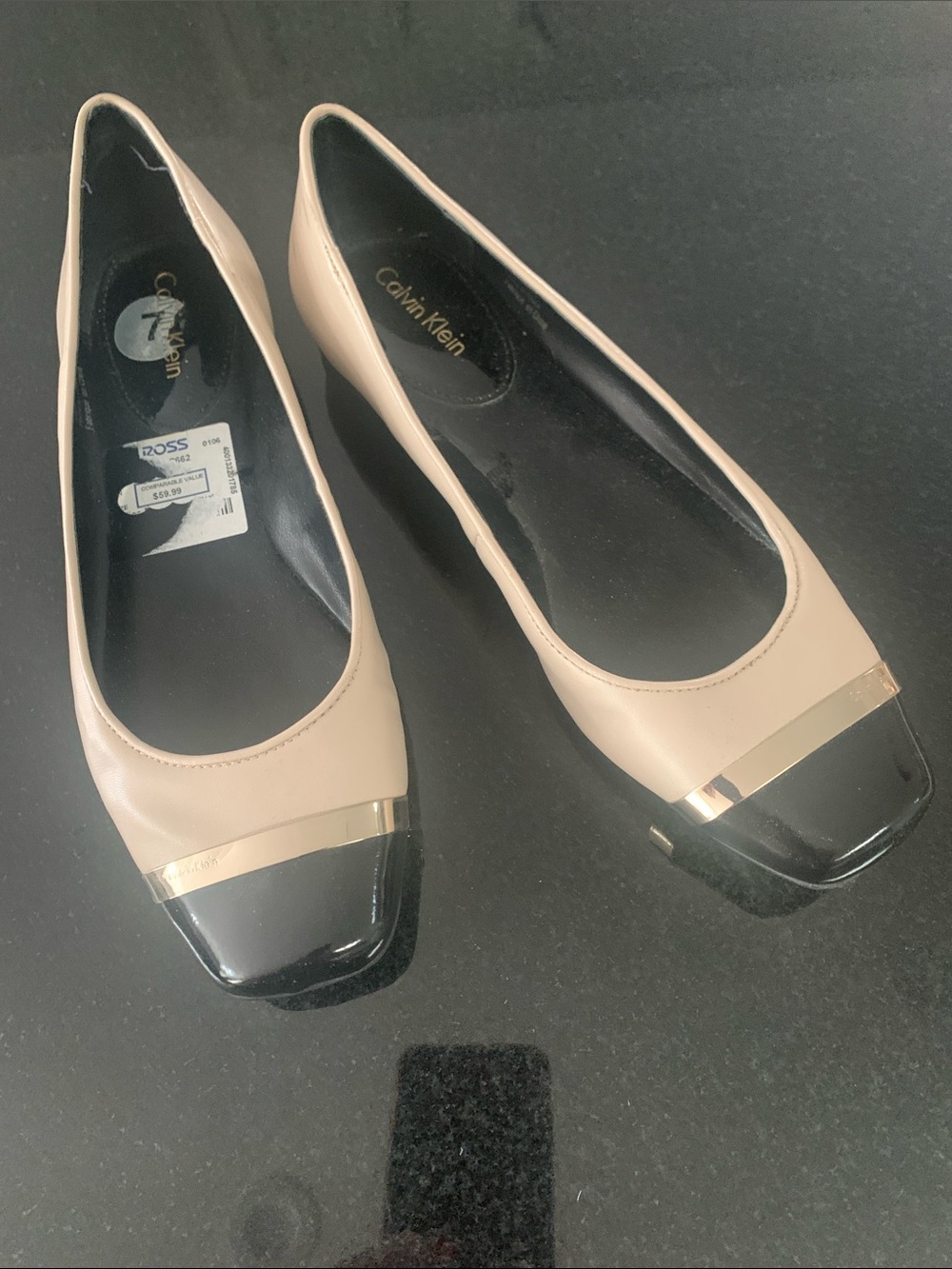 Calvin Klein Nude and Black Square Toe Flats with Gold Accent